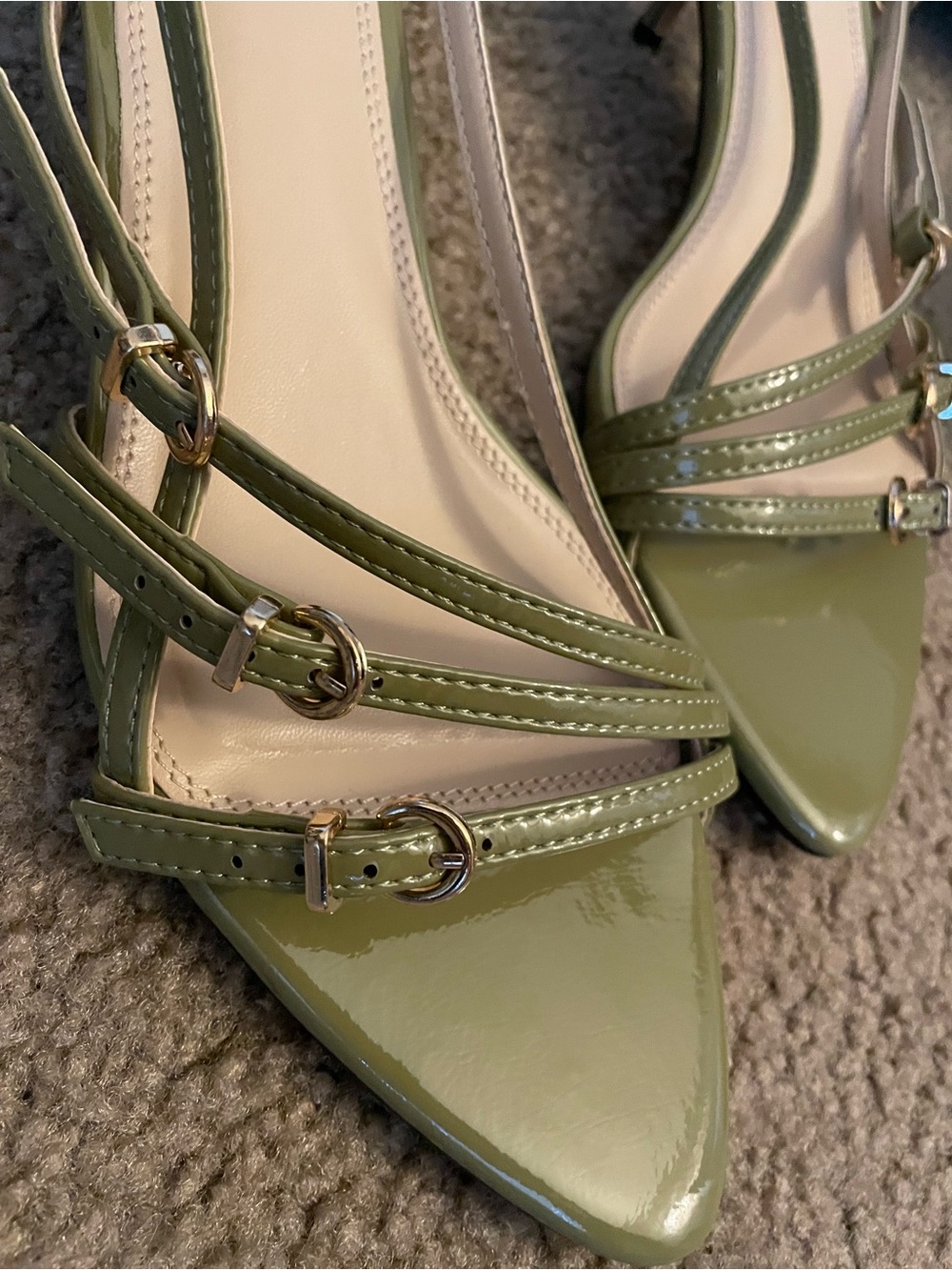 Olive Patent Pu Point Toe Multi Buckle Low Stiletto Heeled Sandals